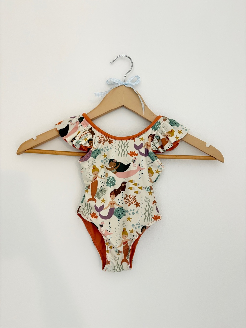 Boutique Girls Cream Mermaid Print One-Piece Swimsuit with Ruffle Sleeves